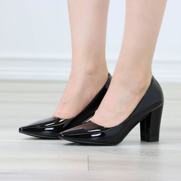 Classic Black Patent Block High Heel Slip On Pointed Toe Pumps Office Wear - Picture 10 of 10